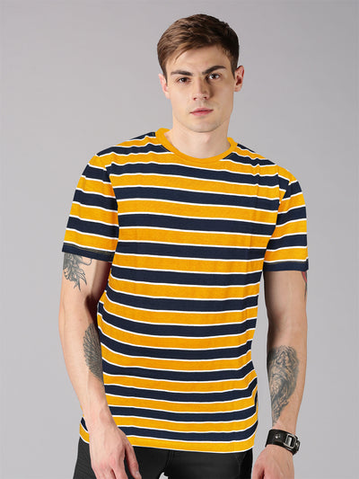 UrGear Striped Men Round Neck Yellow, Dark Blue T-Shirt