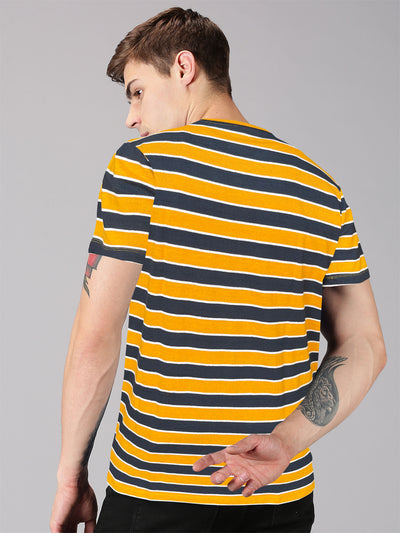 UrGear Striped Men Round Neck Yellow, Dark Blue T-Shirt