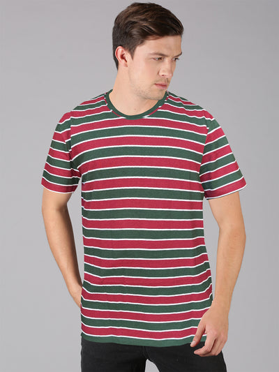 UrGear Striped Men Round Neck Green, Maroon T-Shirt