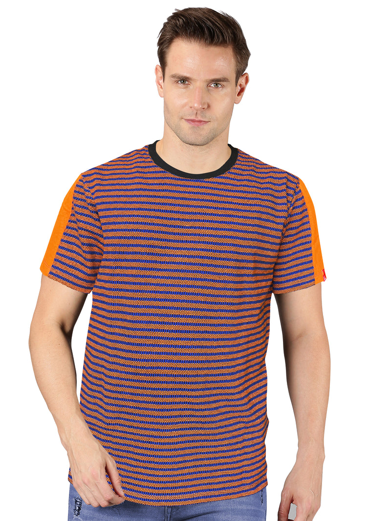 UrGear Striped Men Round Neck Dark Blue, Orange T-Shirt