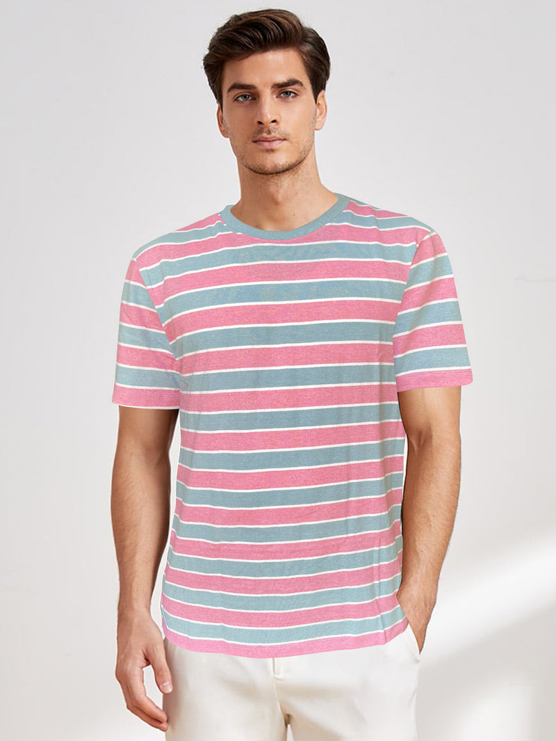 UrGear Striped Men Round Neck Pink, Blue T-Shirt