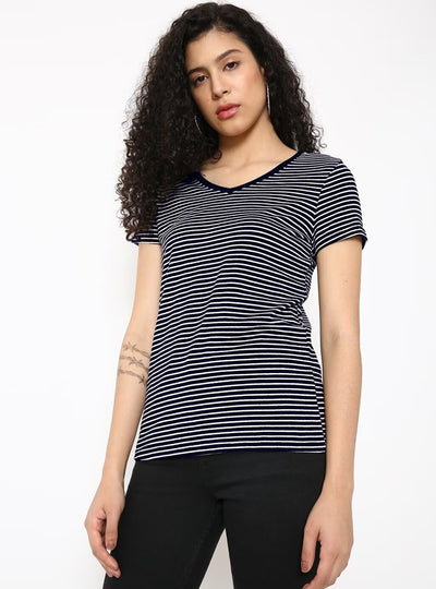 UrGear Striped Women V Neck Black T-Shirt
