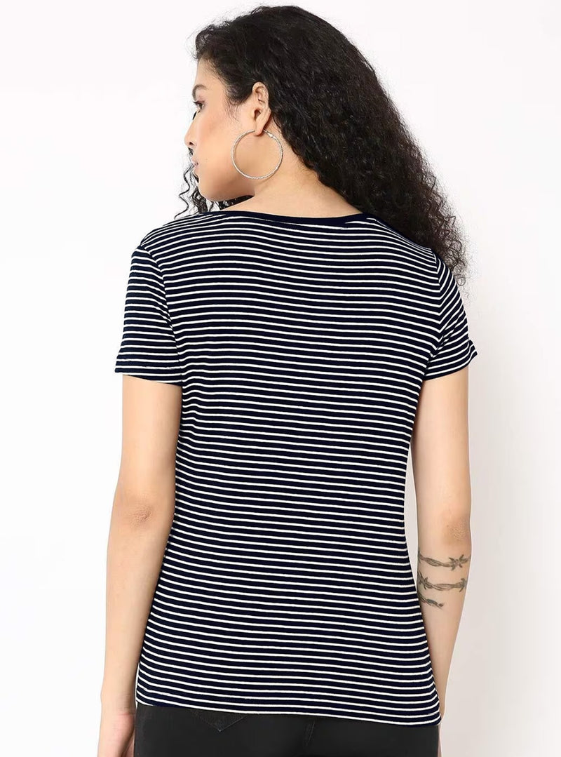 UrGear Striped Women V Neck Black T-Shirt