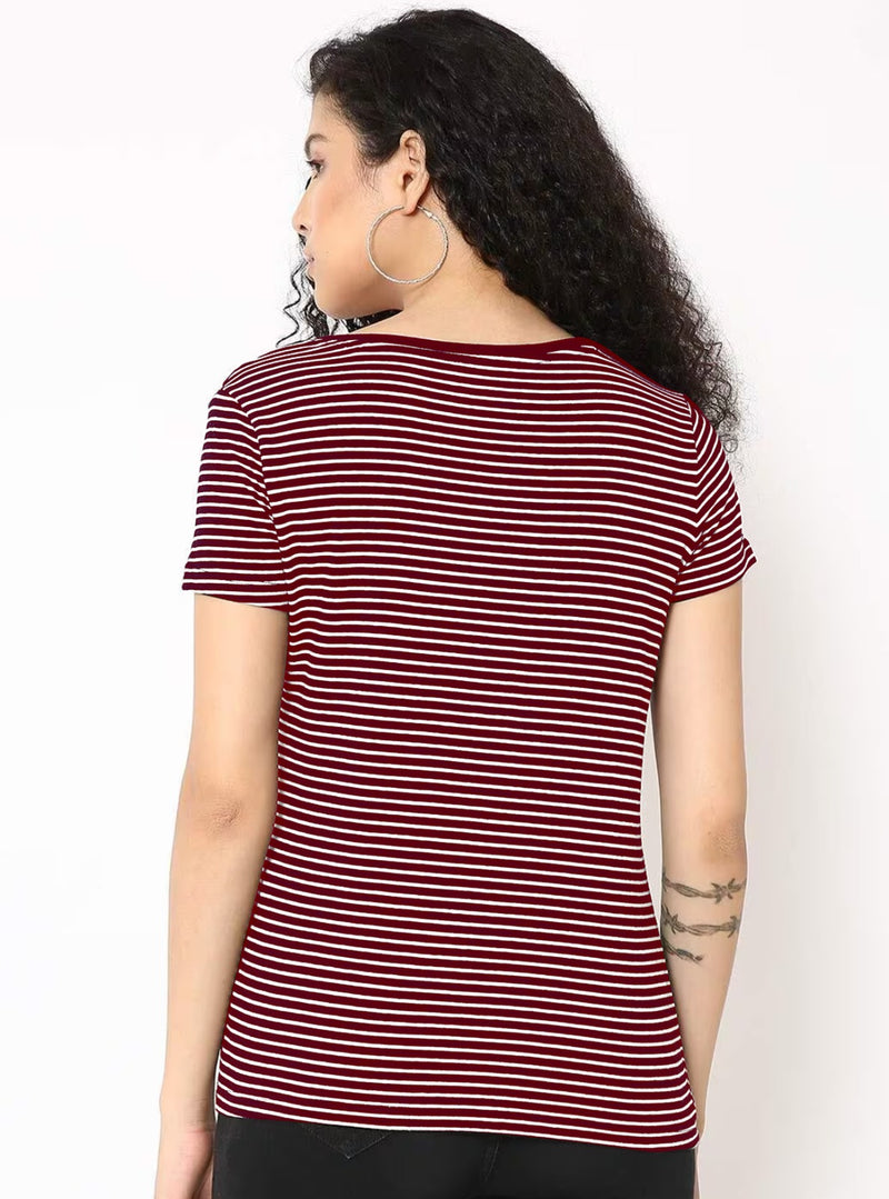 UrGear Striped Women V Neck Maroon T-Shirt