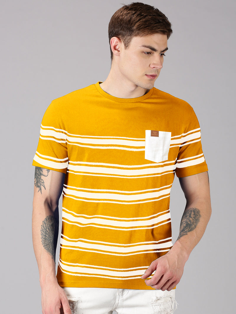 UrGear Striped Men Round Neck Yellow, White T-Shirt