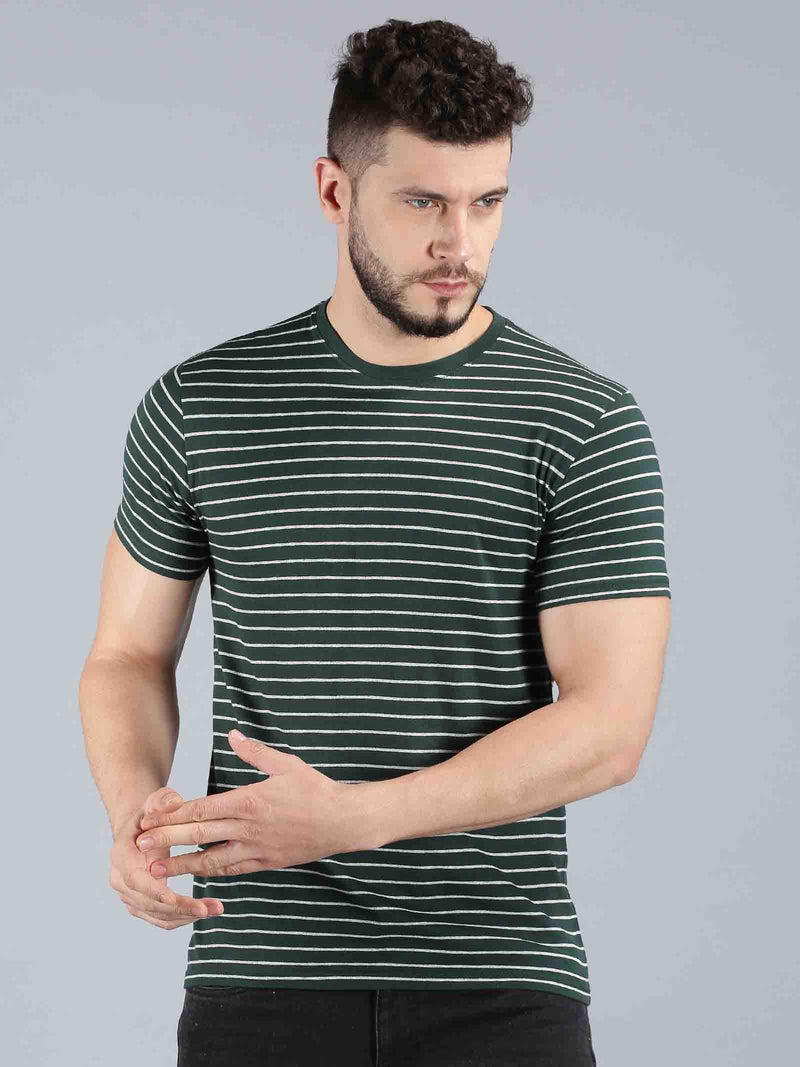 Men Green Striped Round Neck Casual T-Shirt
