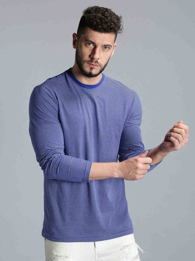 Men Blue Striped Round Neck Casual T-Shirt