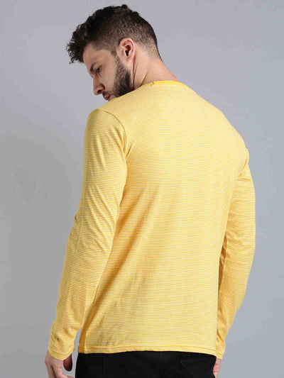 Men Yellow Striped Round Neck T-Shirt