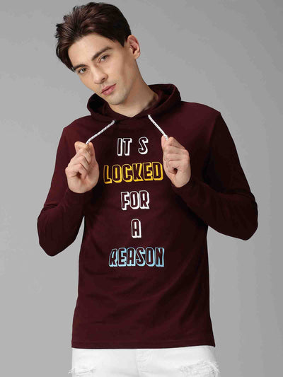 Men Maroon Printed Hooded Neck Sweatshirt
