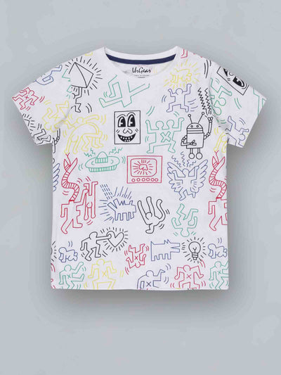 Kids White Printed Cotton Casual T-Shirt
