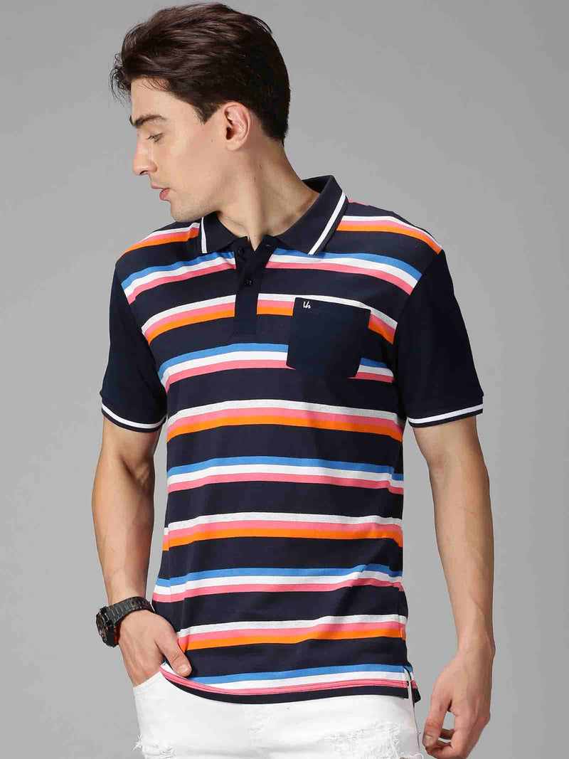 Men MultiColor Broad Striped Polo Neck Casual T-Shirt