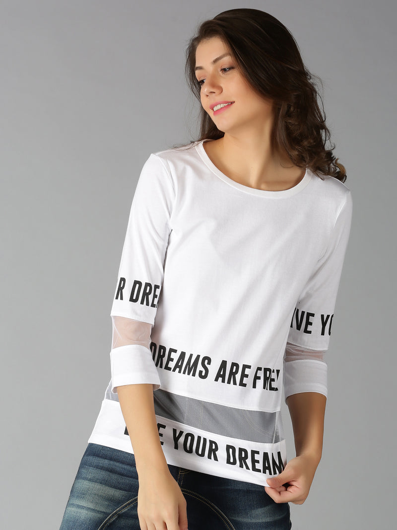 Women White Printed Round Neck T-Shirt