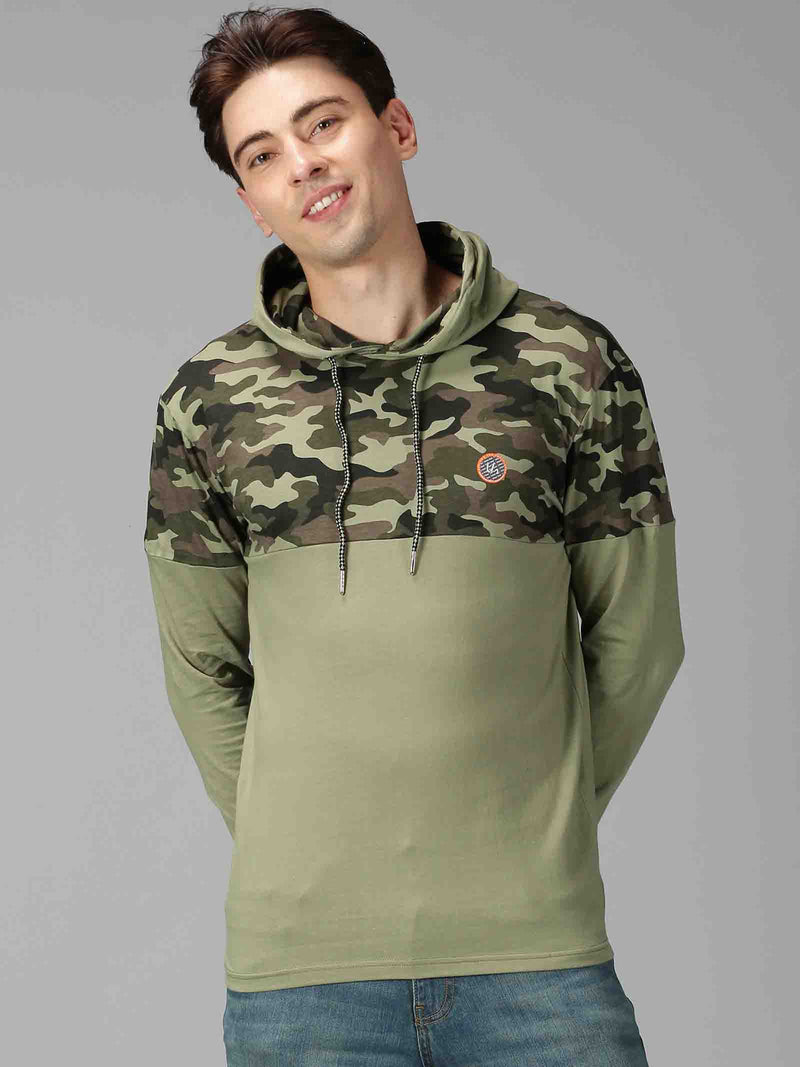 Men Green Camouflage Hooded Neck Sweatshirt