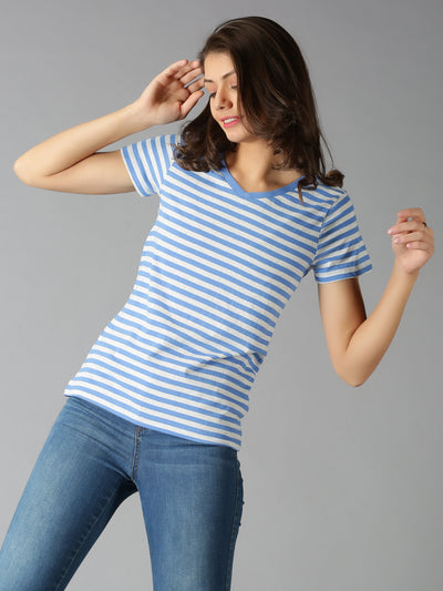 Women Blue Striped V-Neck T-Shirt
