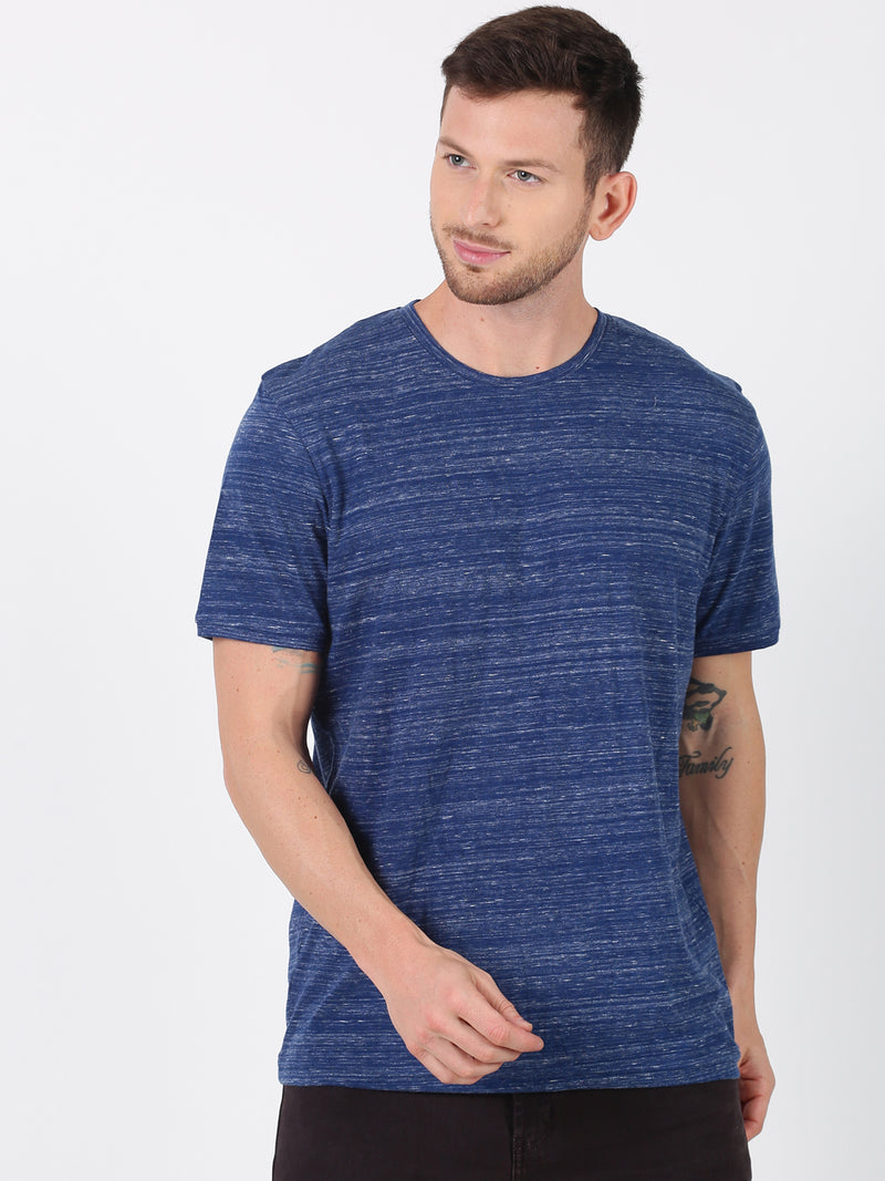 Men Blue Printed Round Neck Casual T-Shirt
