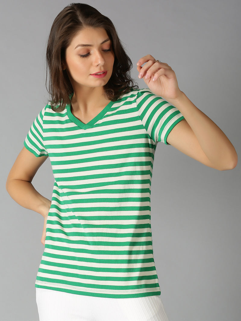 Women Green Striped V-Nek T-Shirt