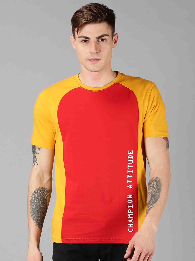 Men Yellow & Red ColorBlock Round Neck T-Shirt