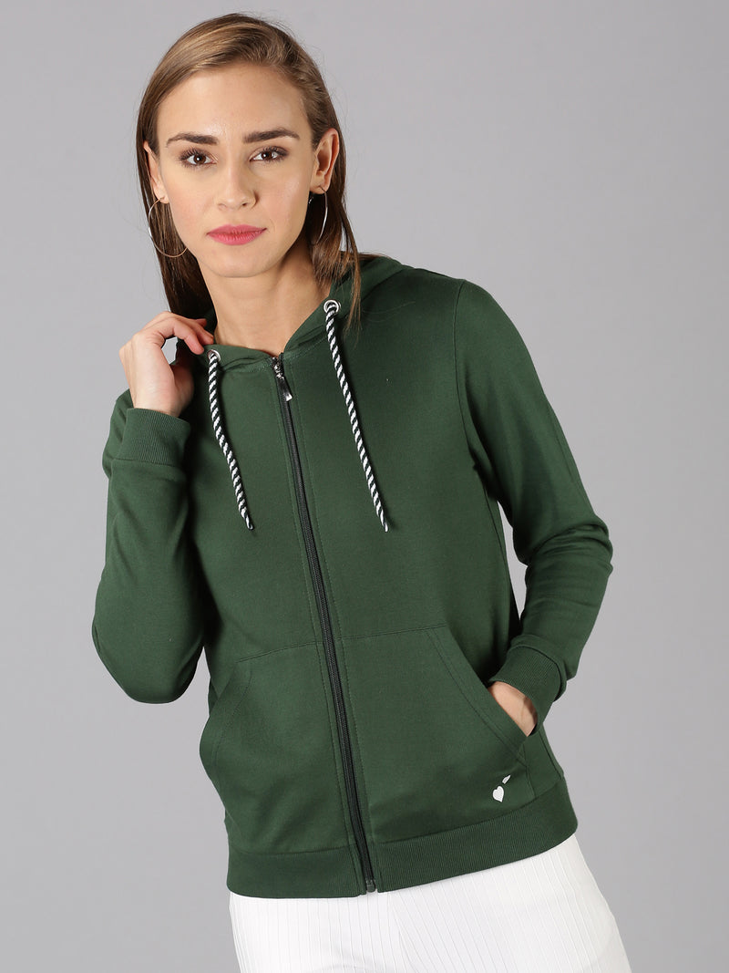 Women Green Solid Hooded Neck Sweatshirt