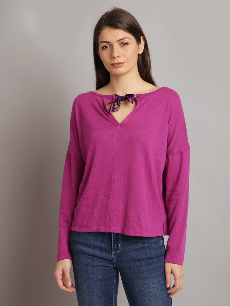 Women Purple Solid Front Knot Top