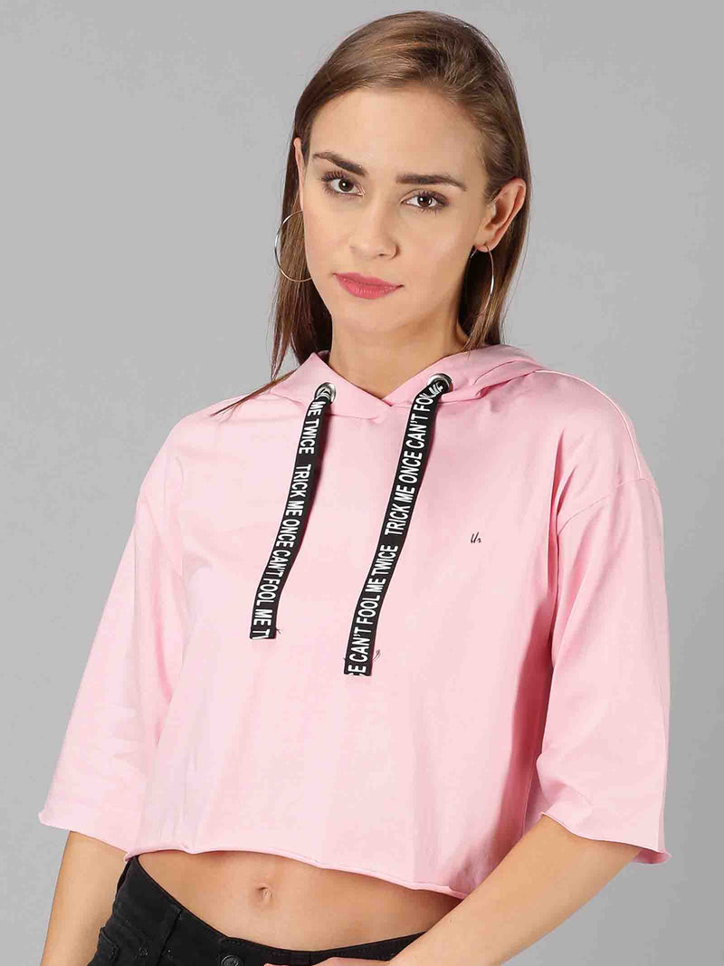 Women Pink Solid Hooded Crop Top