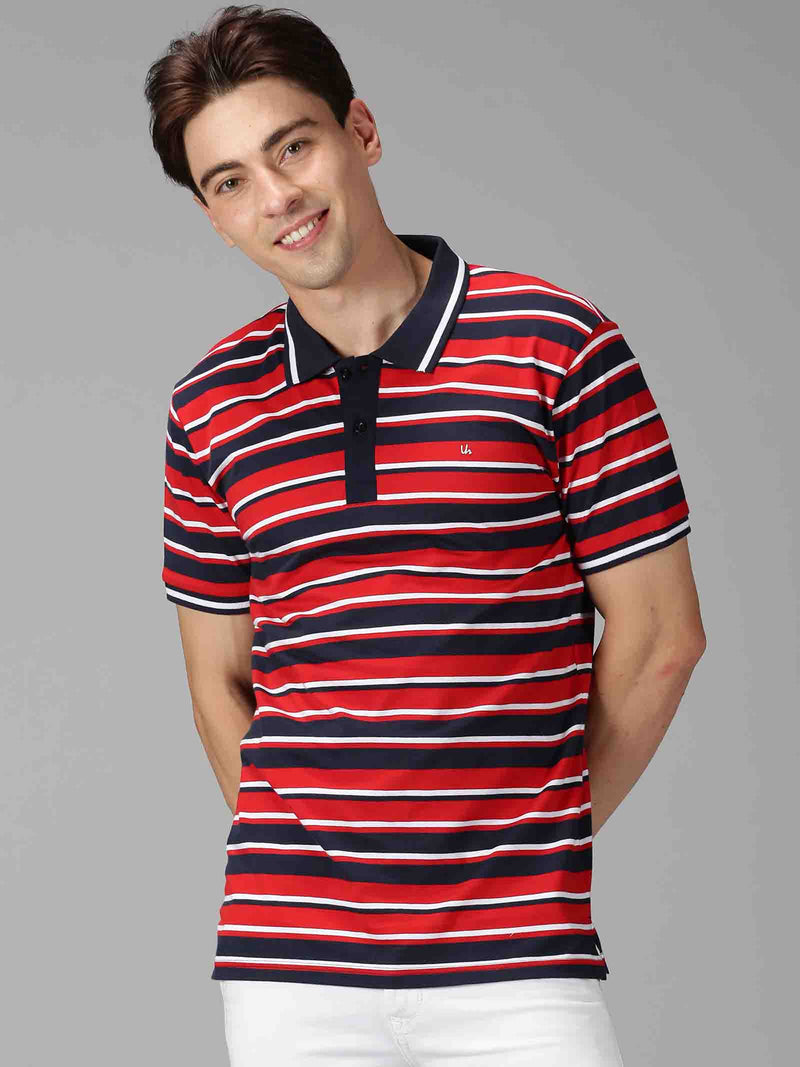 Men Red Broad Striped Polo Neck T-Shirt