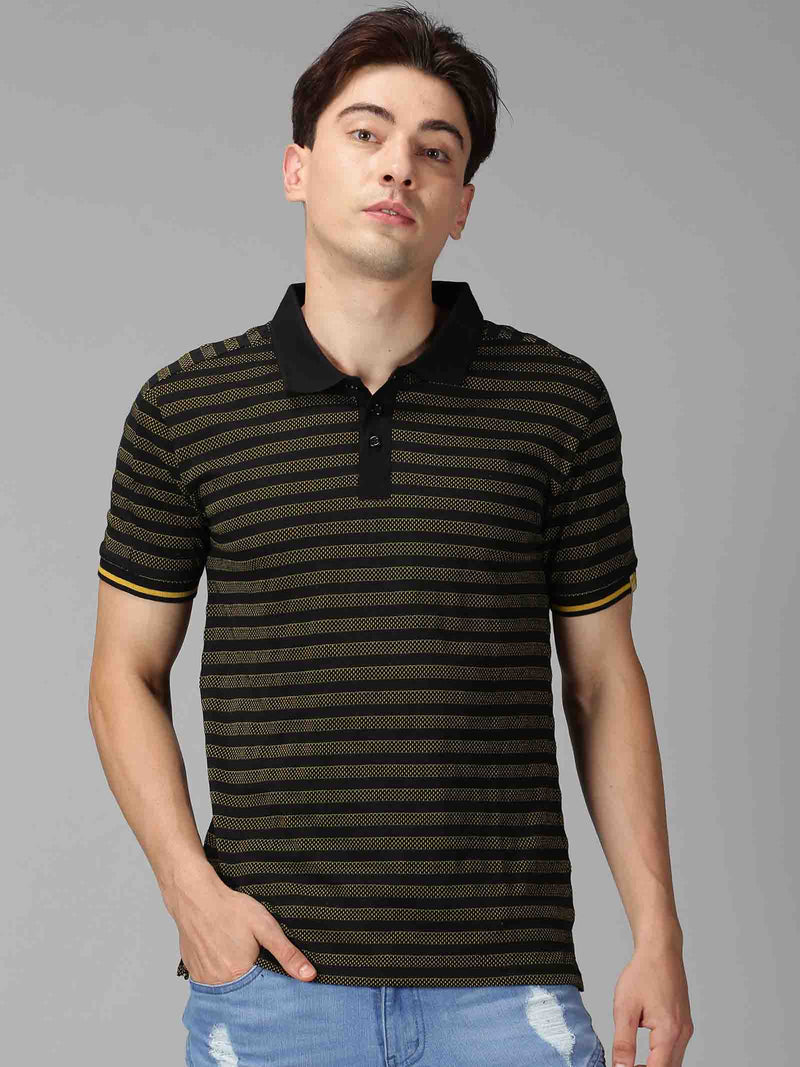 Men Black Self Design Polo Neck Casual T-Shirt