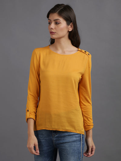 Women Yellow Solid Round Neck  Top
