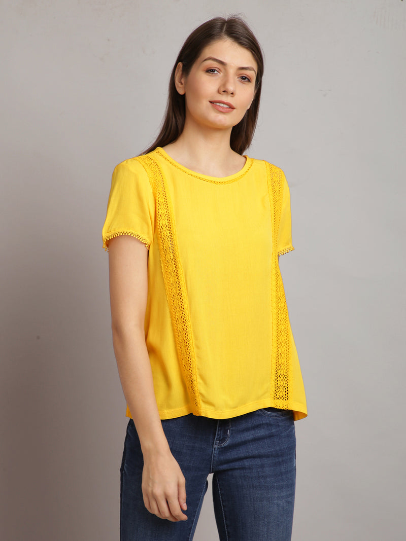 Women Yellow Solid Round Neck Top