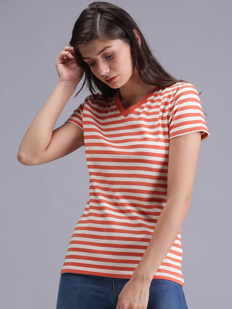 Women Orange Striped V-Neck T-Shirt