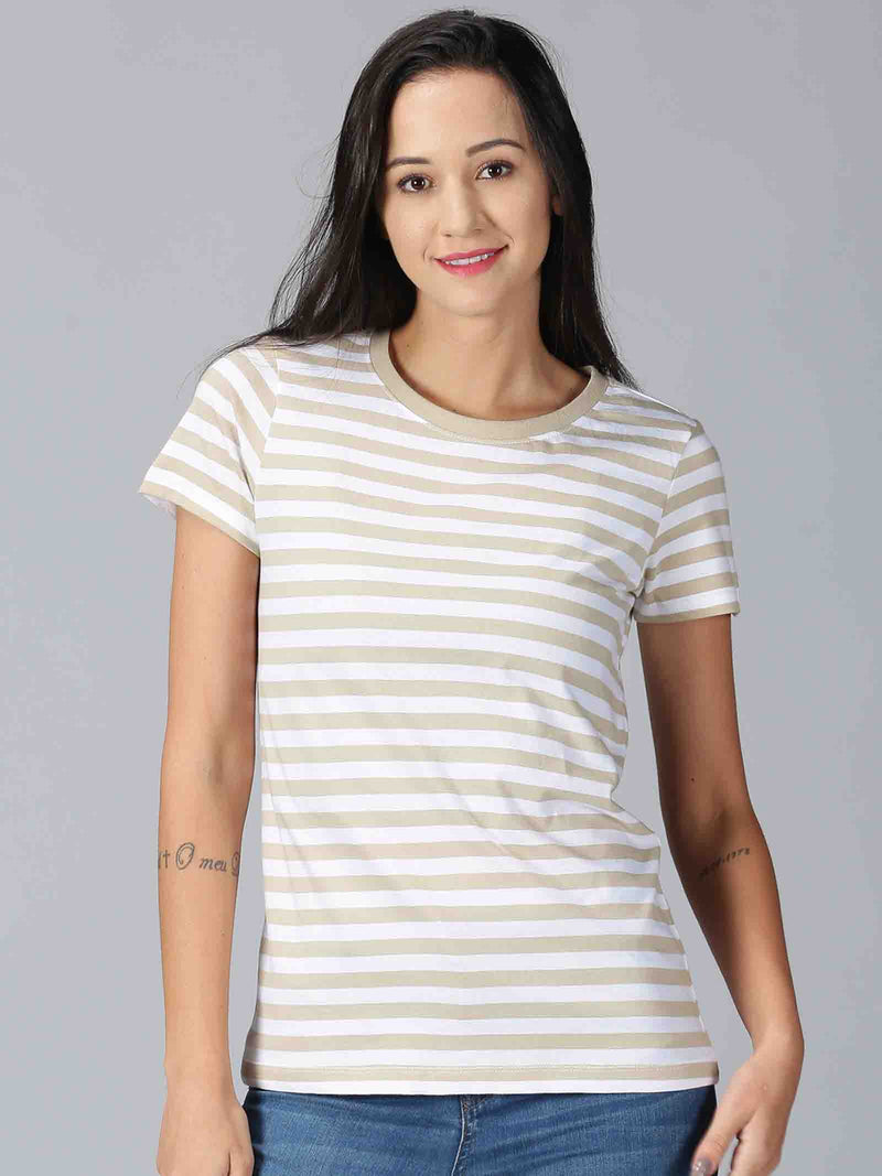 Women Beige Striped Round Neck T-Shirt