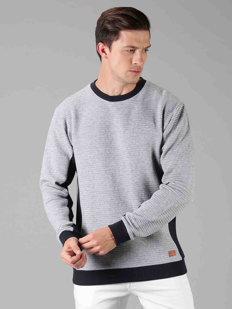 Men Grey Melange Solid Round Neck Sweatshirt