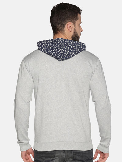 Men Grey Melange Printed Hooded Sweatshirt