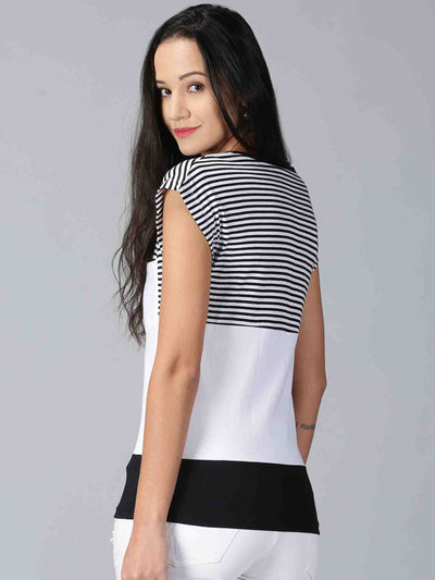 Women Black & White Striped Round Neck T-Shirt
