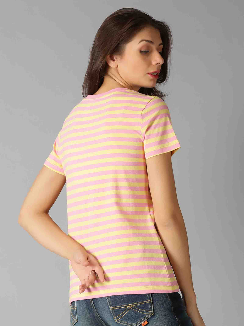 Women Yellow & Pink Striped Round Neck T-Shirt