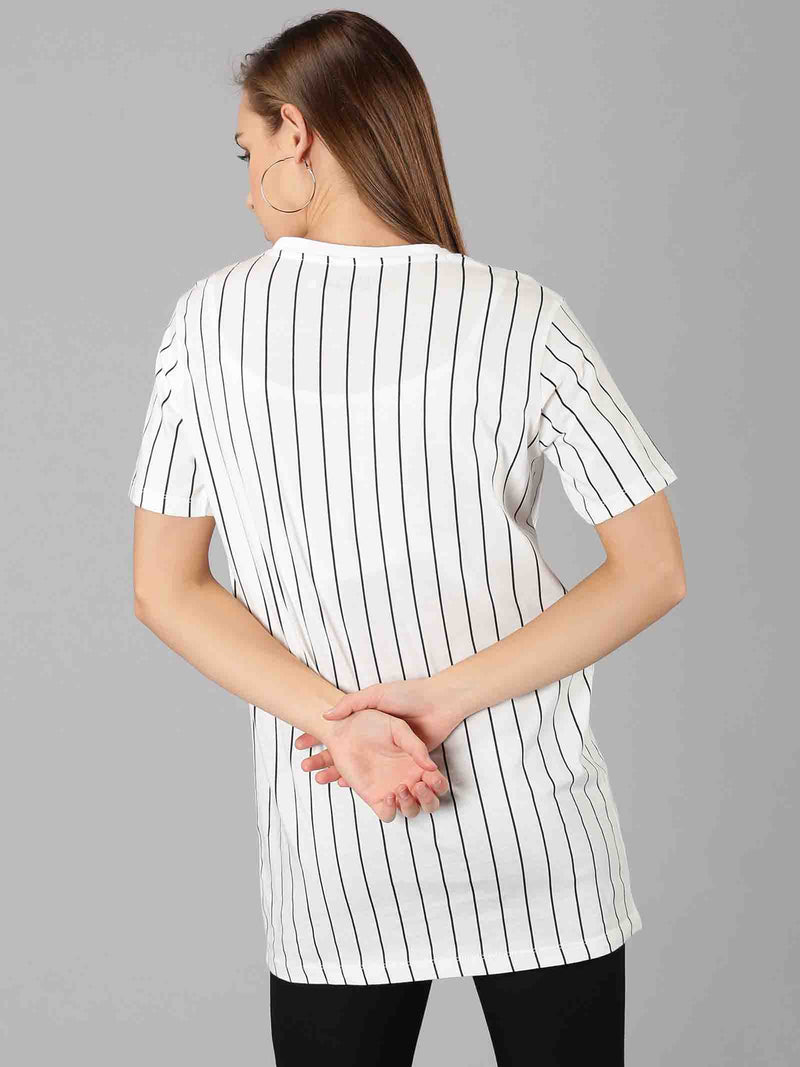 Women White Striped Round Neck T-Shirt