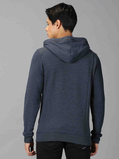 Men Navy Blue Solid Hooded Neck Sweatshirt
