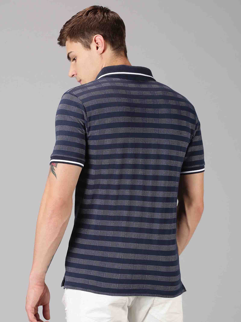 Men Dark Blue Striped Polo Neck T-Shirt