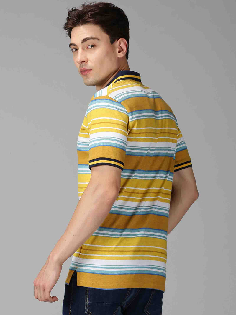 Men Yellow Broad Striped Polo Neck Casual T-Shirt