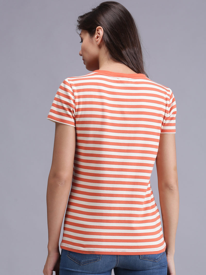 Women Orange Striped V-Neck T-Shirt