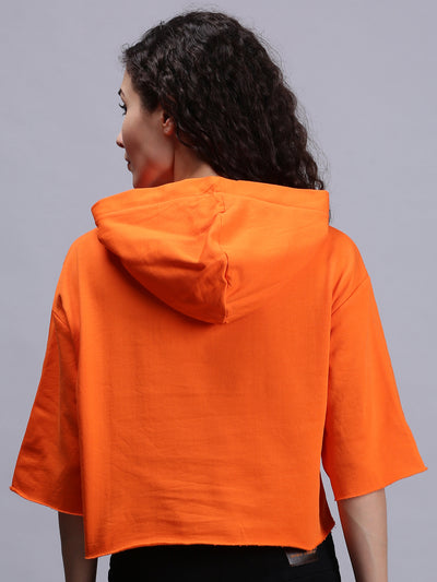 Women Orange Hooded Neck Solid Tops