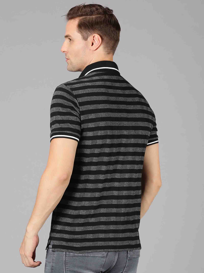 Men Black Striped Polo Neck T-Shirt