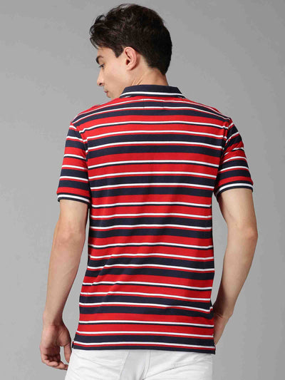 Men Red Broad Striped Polo Neck T-Shirt