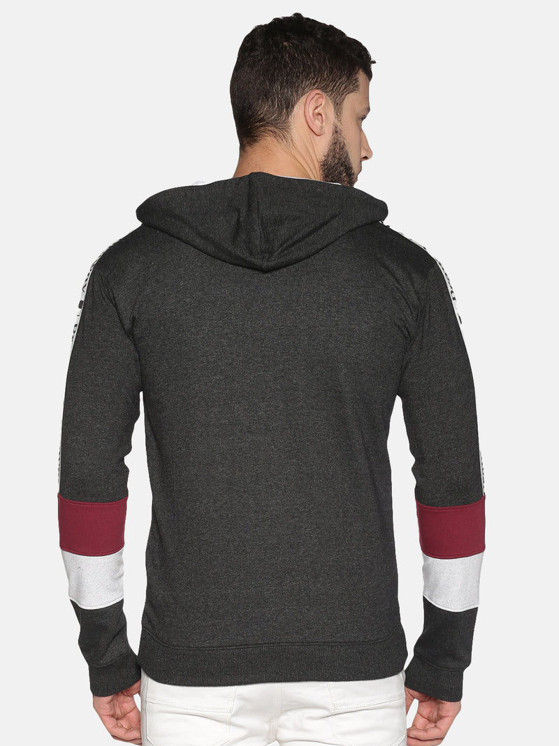 Men Grey Melange Graphic Print Hooded Neck Sweatshirt