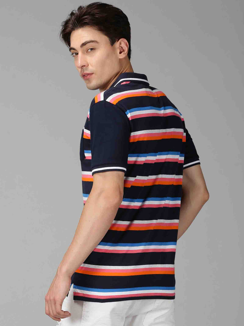 Men MultiColor Broad Striped Polo Neck Casual T-Shirt