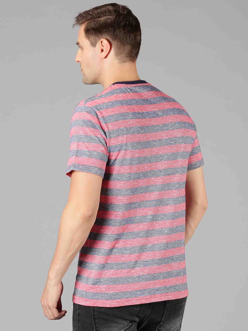 Men Pink & Grey Striped Round Neck T-Shirt