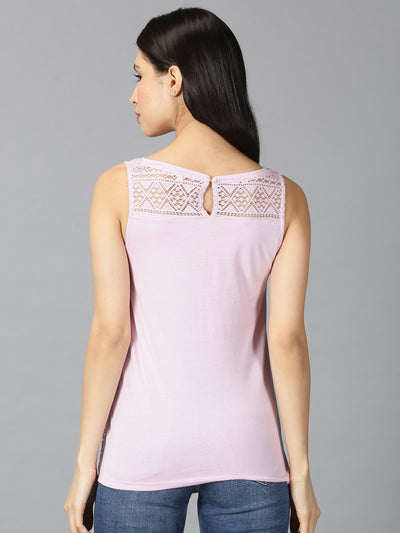 Women Pink Round Neck Half Sleeve Lace Tops