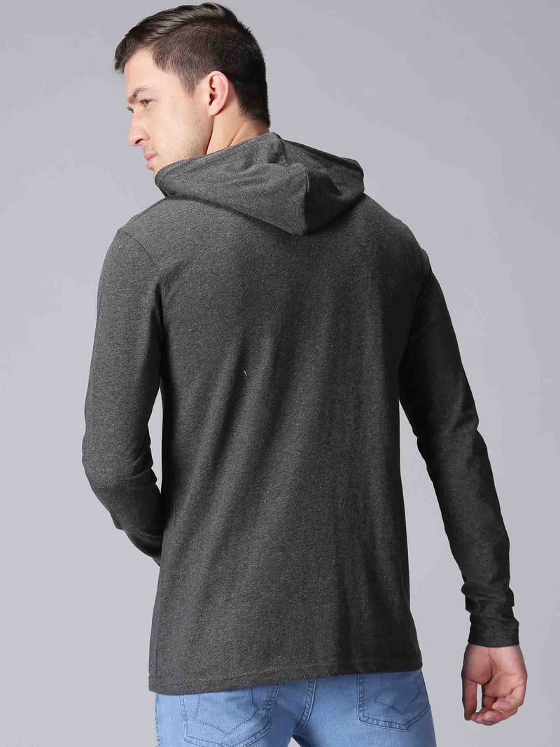 Men Charcoal Melange Printed Hooded Neck Sweatshirt