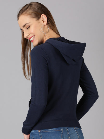 Women Navy Solid Print Hooded Neck Sweatshirt