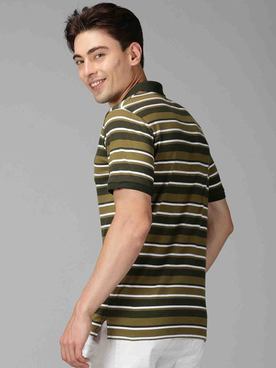 Men Green Striped Polo Neck Casual T-Shirt