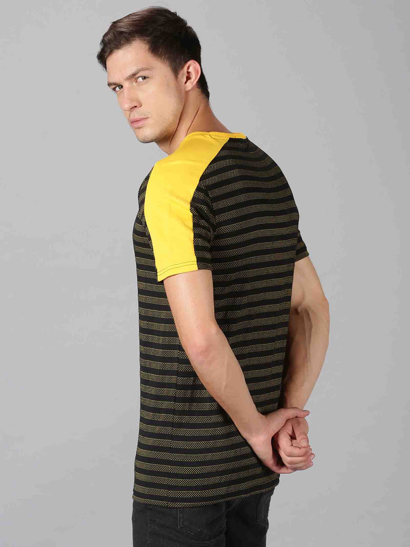 Men Navy Blue & Yellow Striped Round Neck T-Shirt